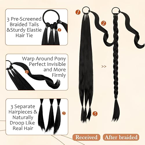 Miniatura 10 de Extensión de cola de caballo larga trenzada marrón medio con banda para el cabello, 26 pulgadas, pieza de pelo sintético resistente al calor para