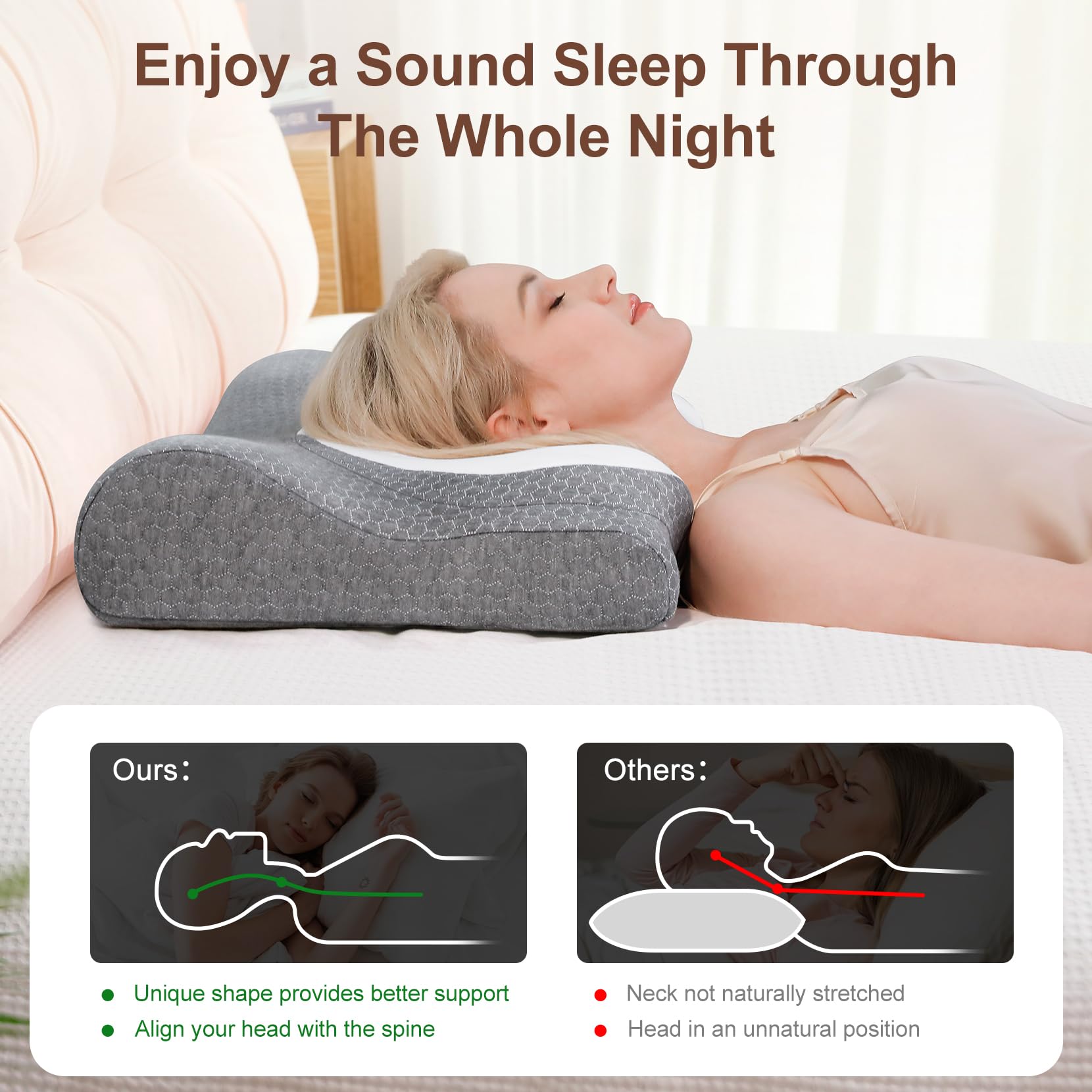 Domusensus Cervical Pillow for Neck and Shoulder,Ergonomic pillow for neck pain relief,Cervical neck pillow Contour Bed Pillow,Memory foam neck pillow Soft for Side Sleepers, Back and Stomach Sleepers