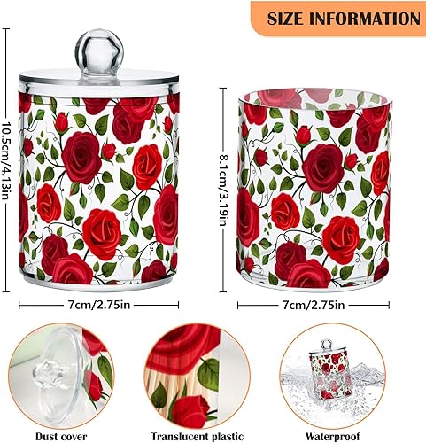 Miniatura 5 de BOENLE Paquete de 2 dispensadores Qtip con diseño de flores rojas para baño, tapa de recipiente de almacenamiento de plástico acrílico, organizador