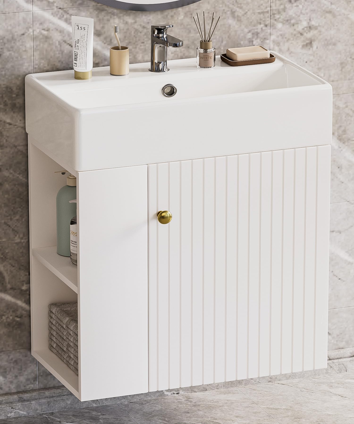 Yorbay Waschbecken mit Unterschrank 55 cm: Wandmontage Badezimmerschrank mit Keramik Waschtisch für Kleine Bäder - Modern Hängend Badmöbel Set für Gäste WC (Weiß)