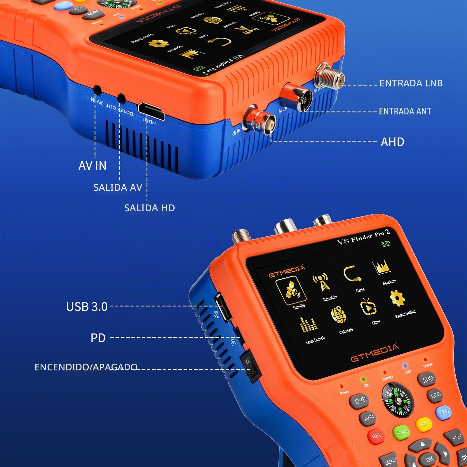 GT Media V8 Finder Pro Buscador de Satélites TDT, Medidor de Señal de Satélite HD DVB-S2X/S2/S/T2/T/C, 4.3" LCD 4000mAh Decodificación H.264/H.265