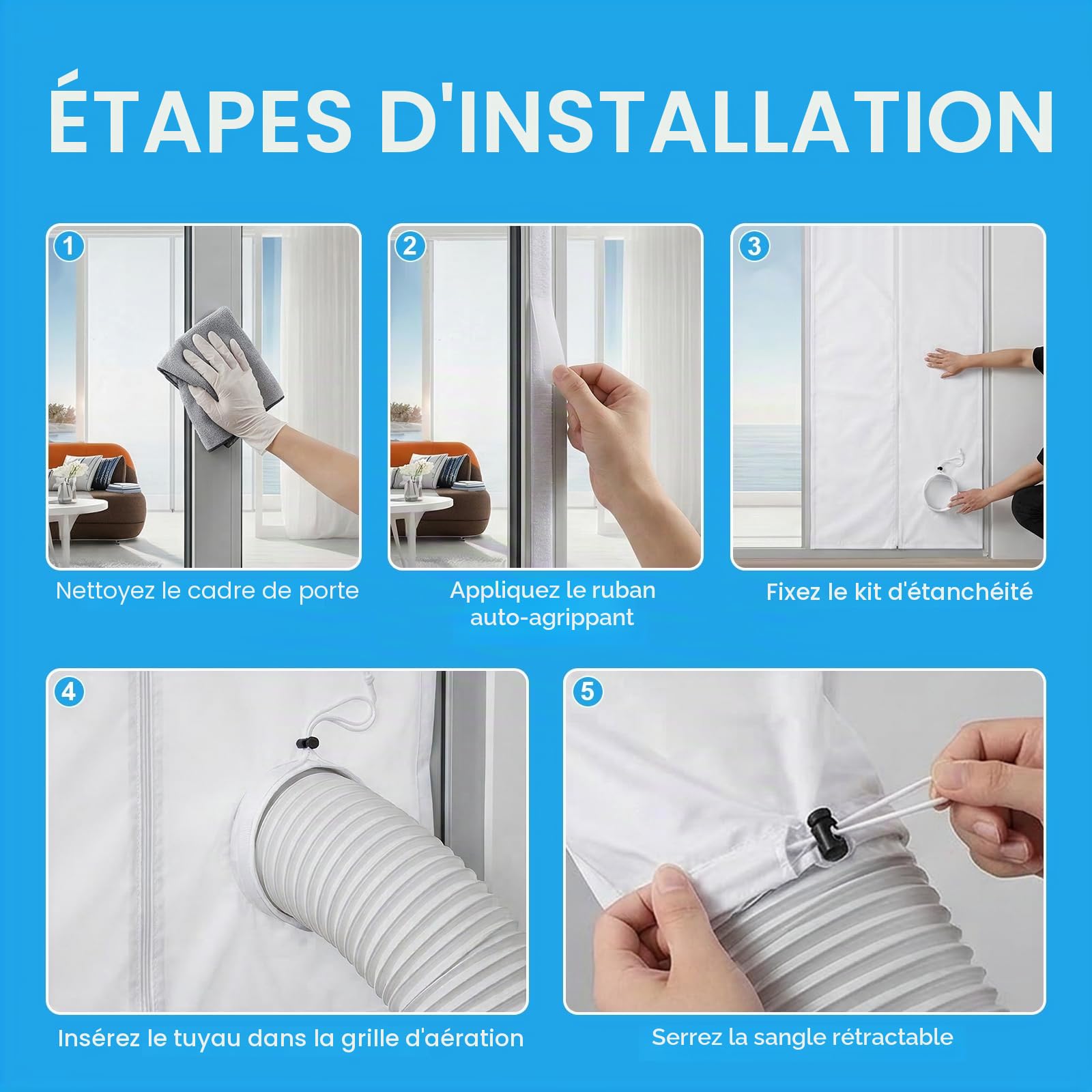Kit d'Étanchéité Porte et Fenêtre pour Climatiseur Mobile Qoosea - 90x210cm avec Passage à Cordon et 7m de Bandes Adhésives pour Portes Coulissantes et Fenêtres