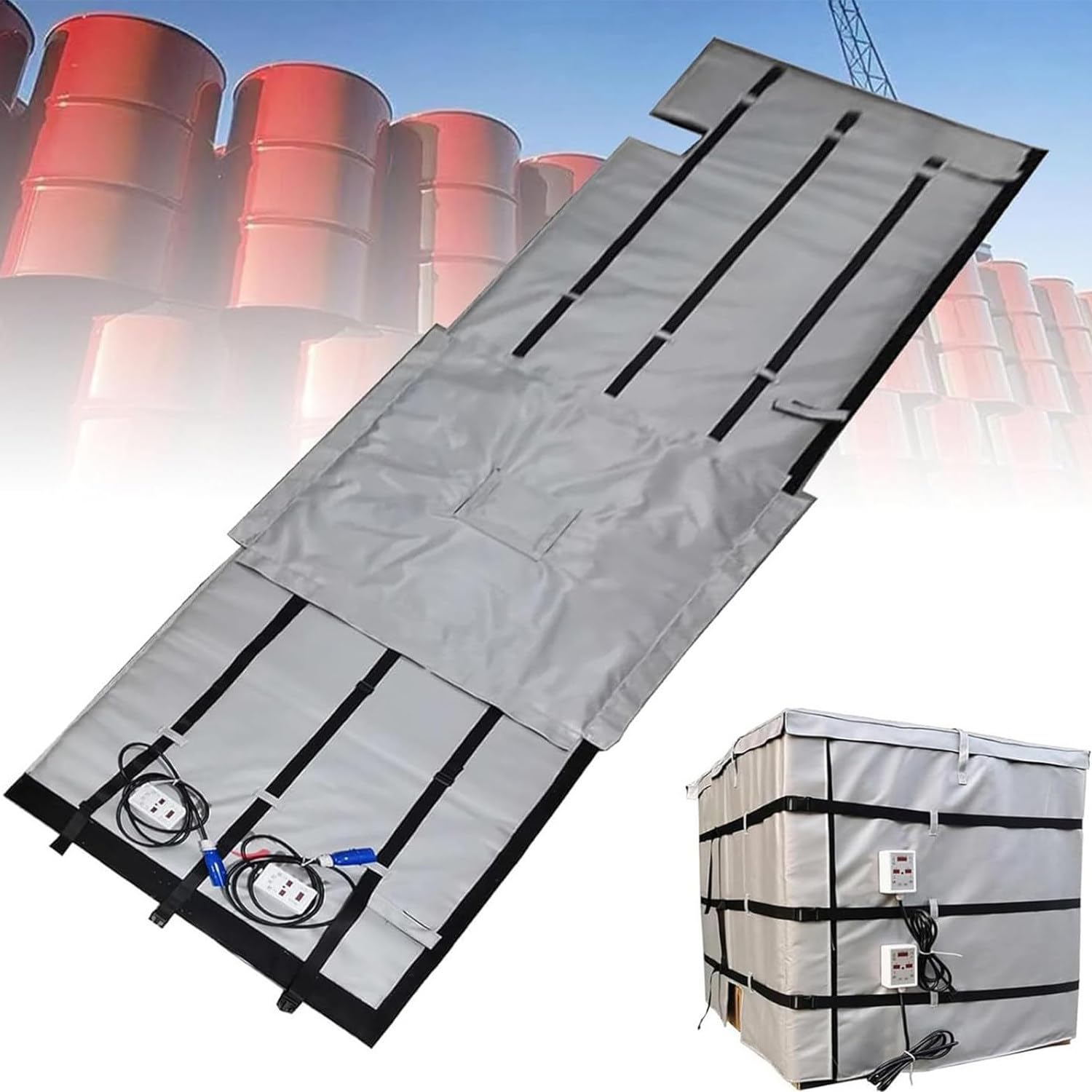 IBC-Heizdecke | Tragbare IBC öltank-Heizdecke,Industrie-Heizdecke,Mit Thermostat,Eingebauter 15Mm-Isolierschicht,Für ölfässer,Fett,Asphalt,Wachs,für 200L & 1000L Fässer Grey-275Gal/1000L