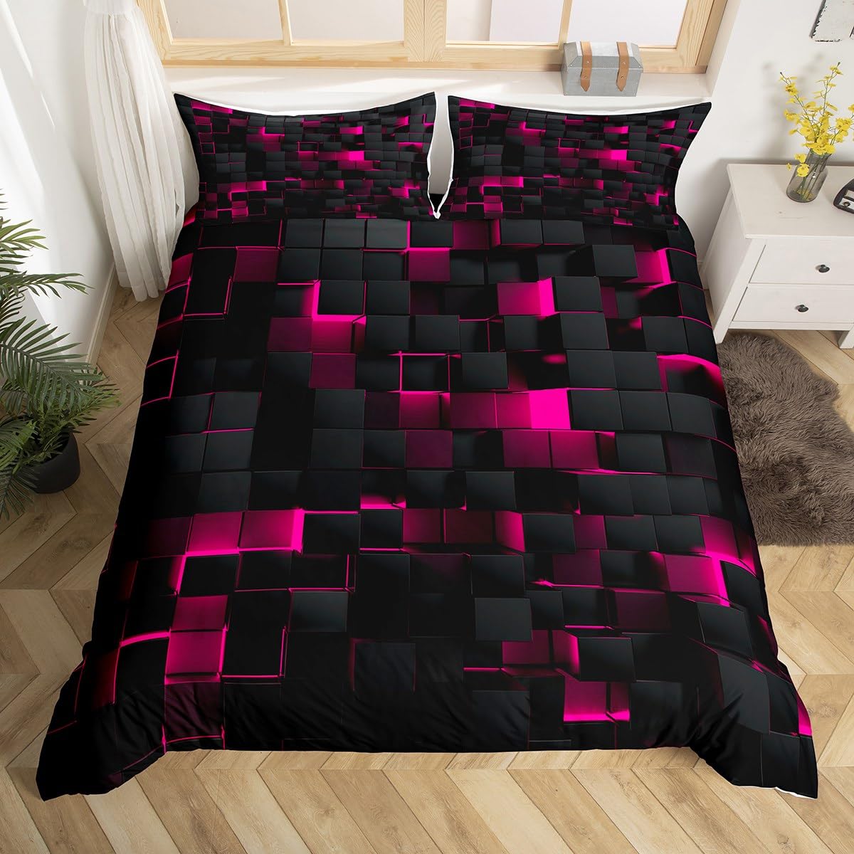 Homewish Neon Hot Pink Black Comforter Cover Double Geometric Checkered Duvet Cover For Girls Kids Teen Women,Abstract Plaid Grid Comforter Cover Stereoscopic Brick Wall Design Bed Set โ image 1