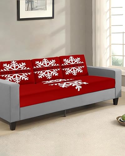 Miniatura 2 de Wowouhiya Fundas de cojín para sofá de Navidad con diseño de copos de nieve rojos, funda elástica para sofá con parte inferior elástica, fundas de