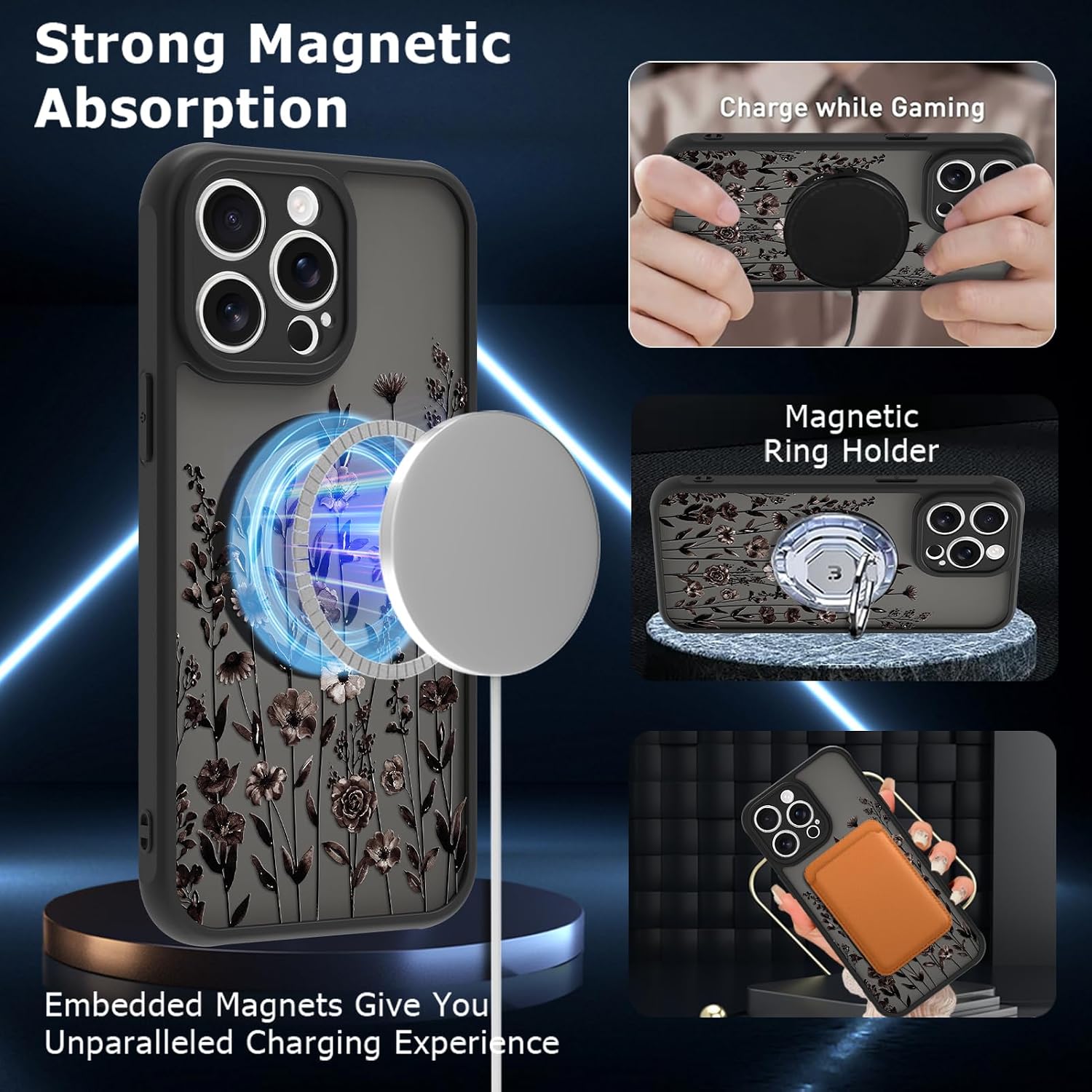 Magnetic for iPhone 14 Pro Max Case for Women, Black Floral image 3