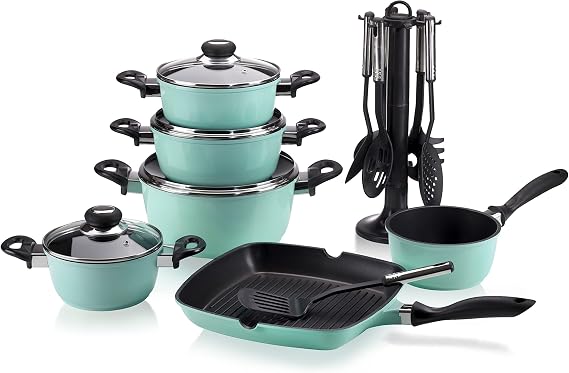 Krüger Cast Aluminum Set 17 Pieces - Non-Stick Sealed Pot and Pan Set with Kitchen Utensil - High Heat Resistance and Long-Lasting Heat Retention (Mint)