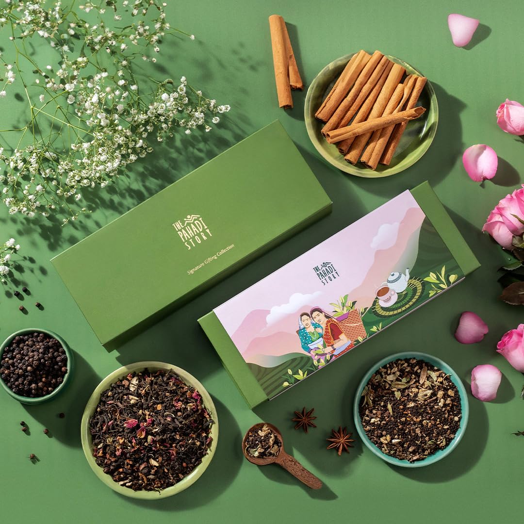 The Pahadi Story - Assorted Hibiscus Tea Gift Set of 3 includes, Chamomile Tea and Rose tea | Essence of Serenity - Bloom Delight Gift Pack for Birthdays, Diwali, Christmas Anniversary, etc