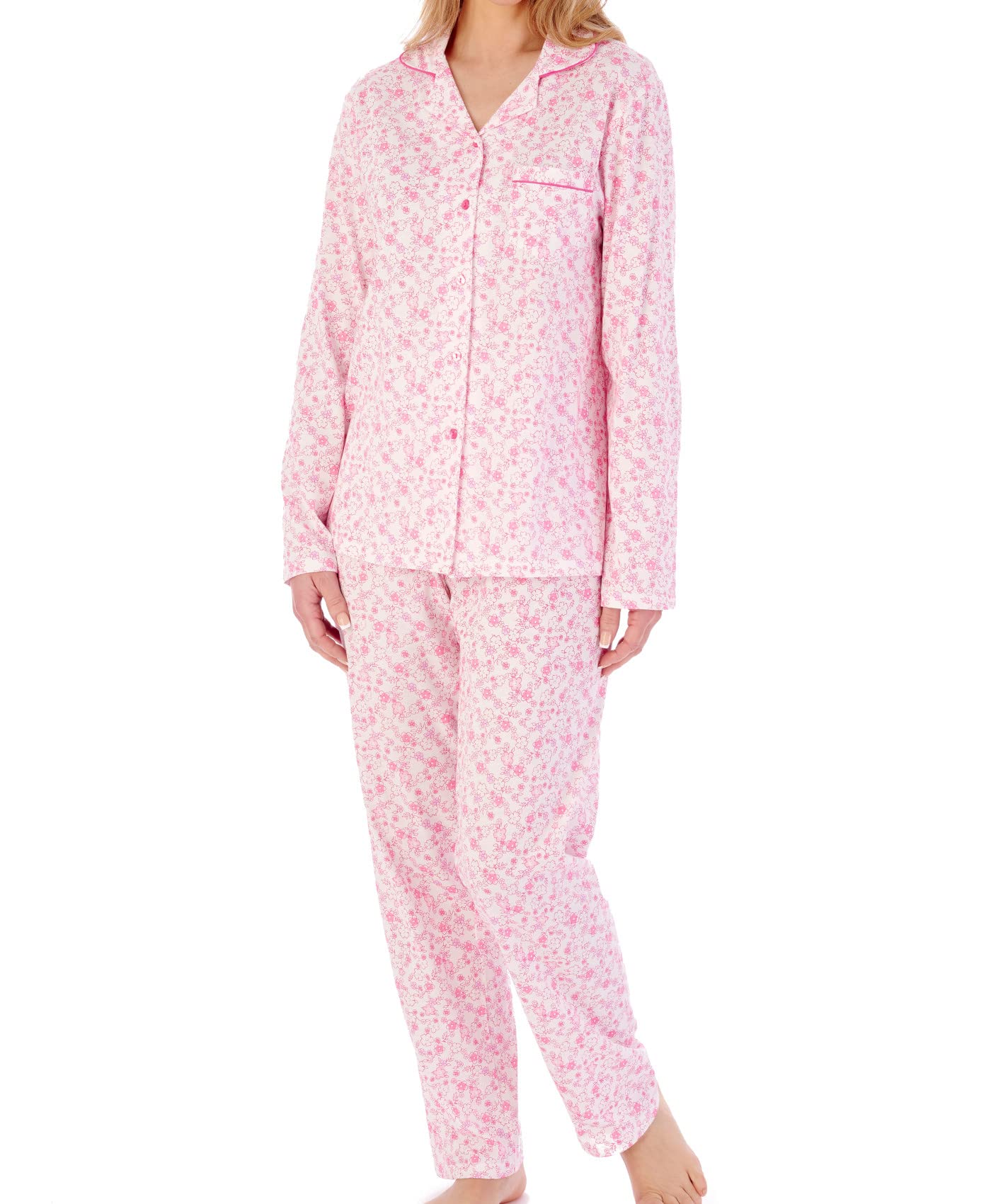 Slenderella Sketch Floral Long Sleeve Tailored Cotton Pyjama Set (16/18, Pink)