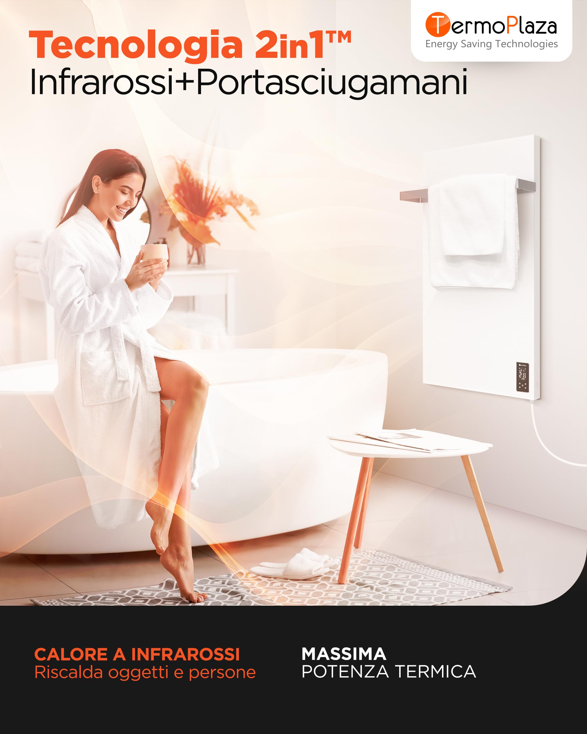 Termoplaza Scaldasalviette Elettrico WiFi Bagno Infrarossi 270 W fino a 7 m² - Pannello Radiante Infrarossi - Termoarredo Elettrico Bagno Basso Consumo - Termosifone Bianco Moderno Verticale