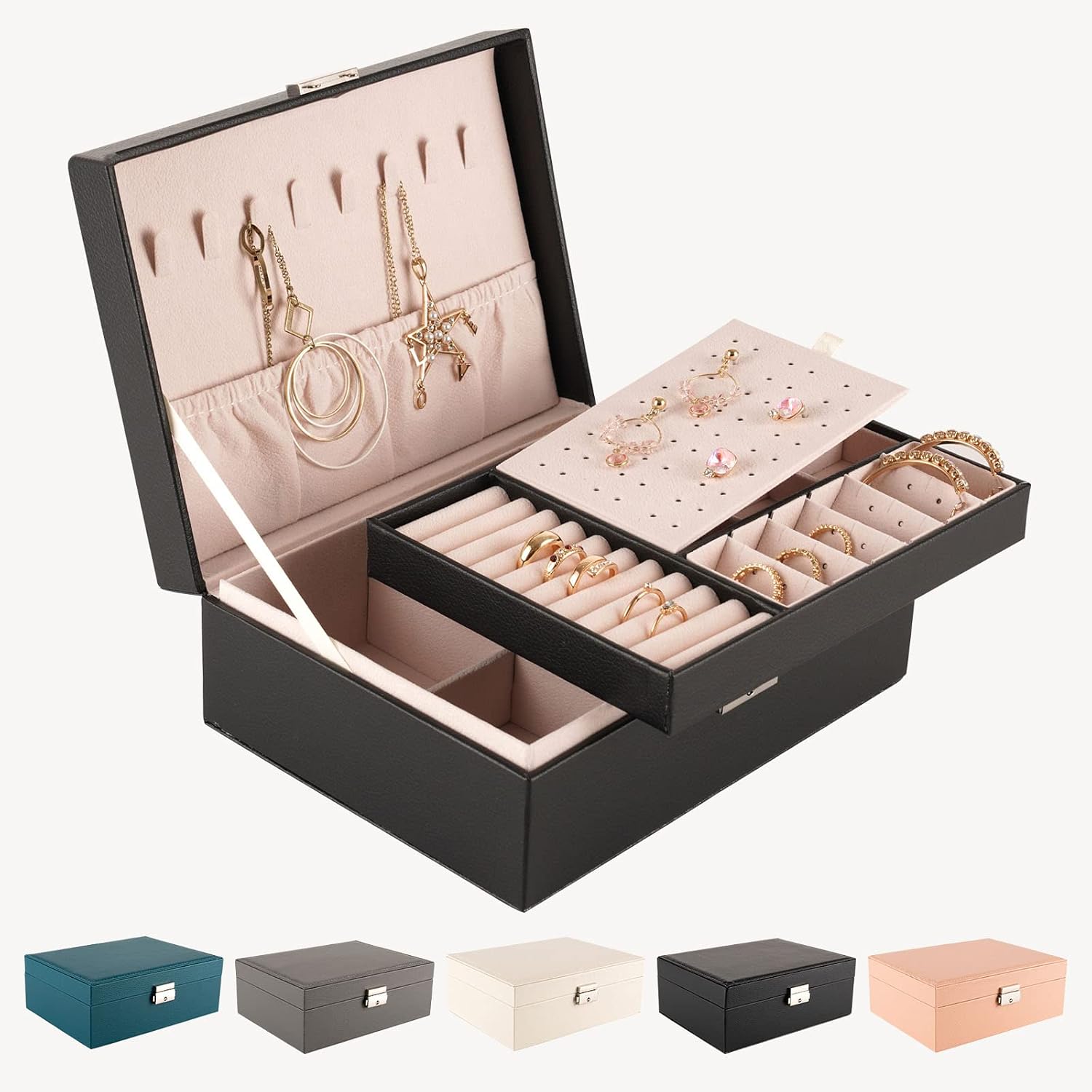 LeeFyy Gifts for Women, Jewellery Organiser, 2 Layer PU Leather Jewellery Box with key