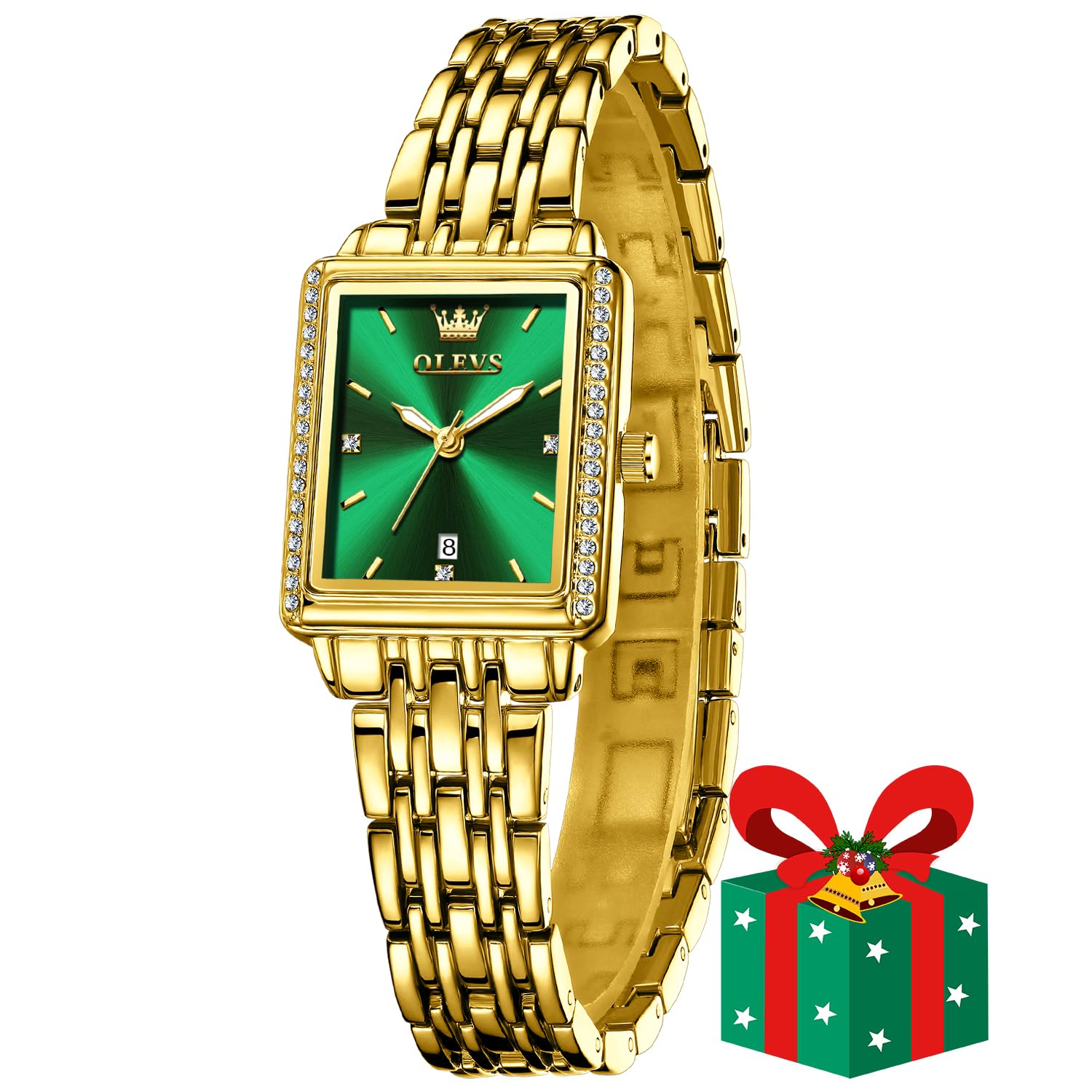 OLEVS Watch for Women Square Analog Quartz Ladies Wrist Watch Luxury Diamond Dress Watch All Gold Stainless Steel Strap with Black White Blue Green Dial Female Watch