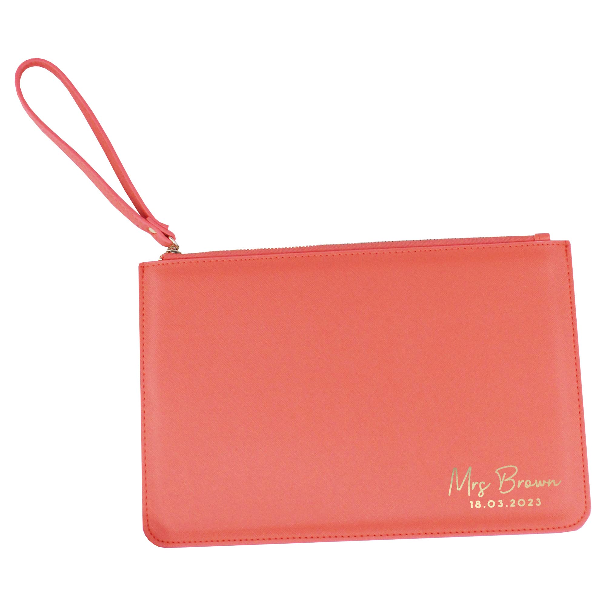 eBuyGB Personalised Mrs Clutch Bag for Bride to Be, New Married Name & Date, Bridal Clutch Bag, Bride Handbag, Wedding Day Bag, Honeymoon, Hen Party Gift (Coral)