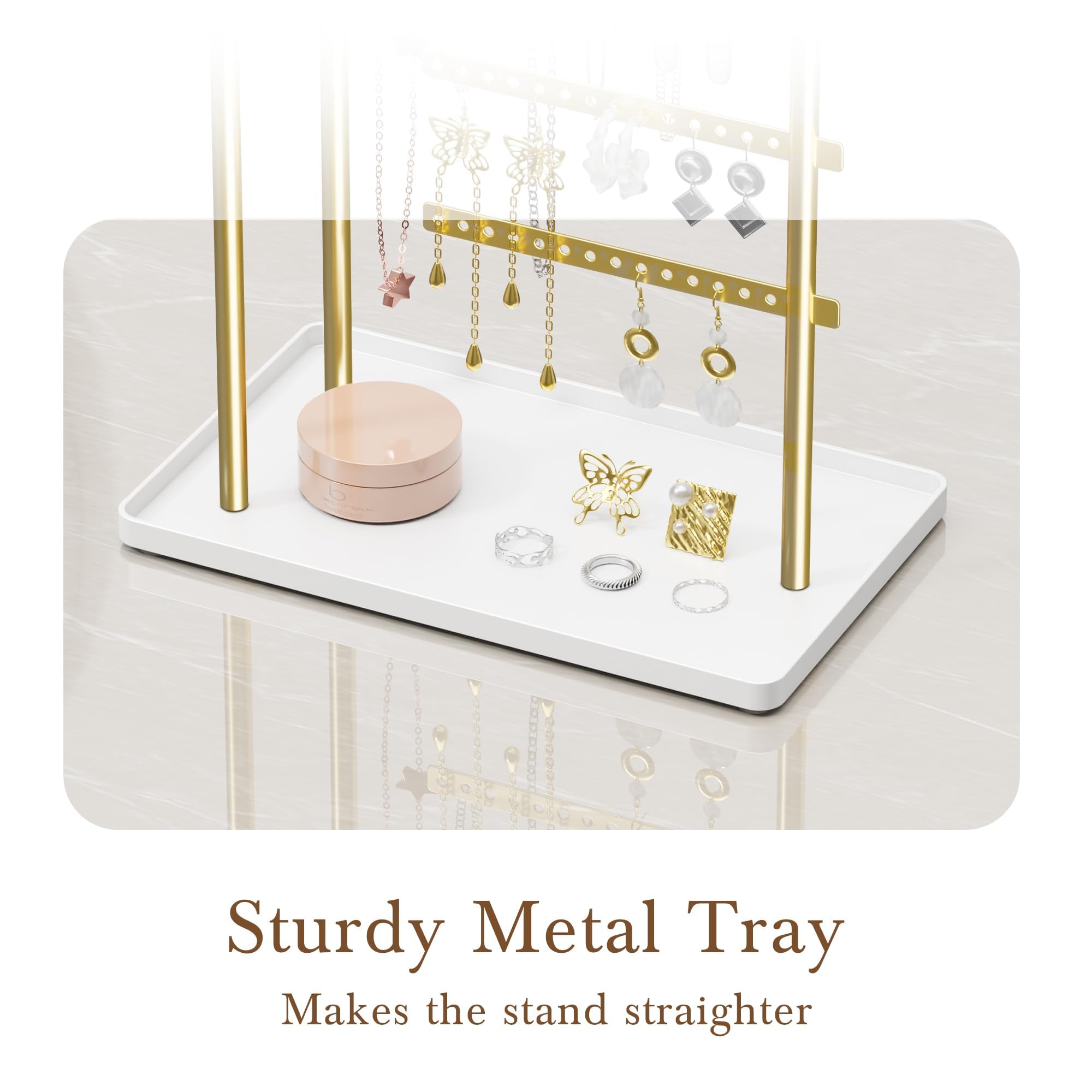 Jewelry Holder Organizer Stand - Adjustable Tall 17.5" (Max), Sturdy Jewelry Hanger for Necklaces, Earrings, Bracelets, Rings, Jewlery Display and Storage, Gold and White, Metal