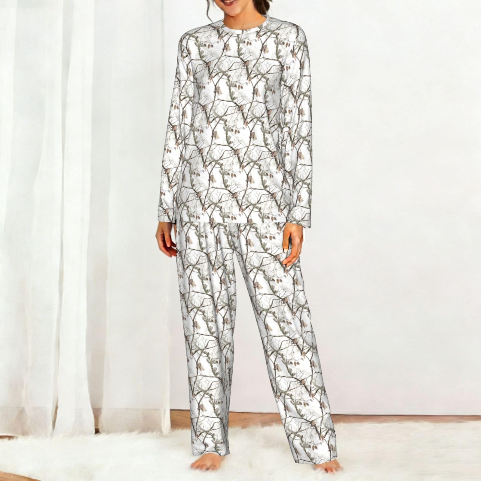 White Trees - Pigiama da donna con stampa mimetica, a maniche lunghe, morbido, elastico, con coulisse, abbigliamento casual