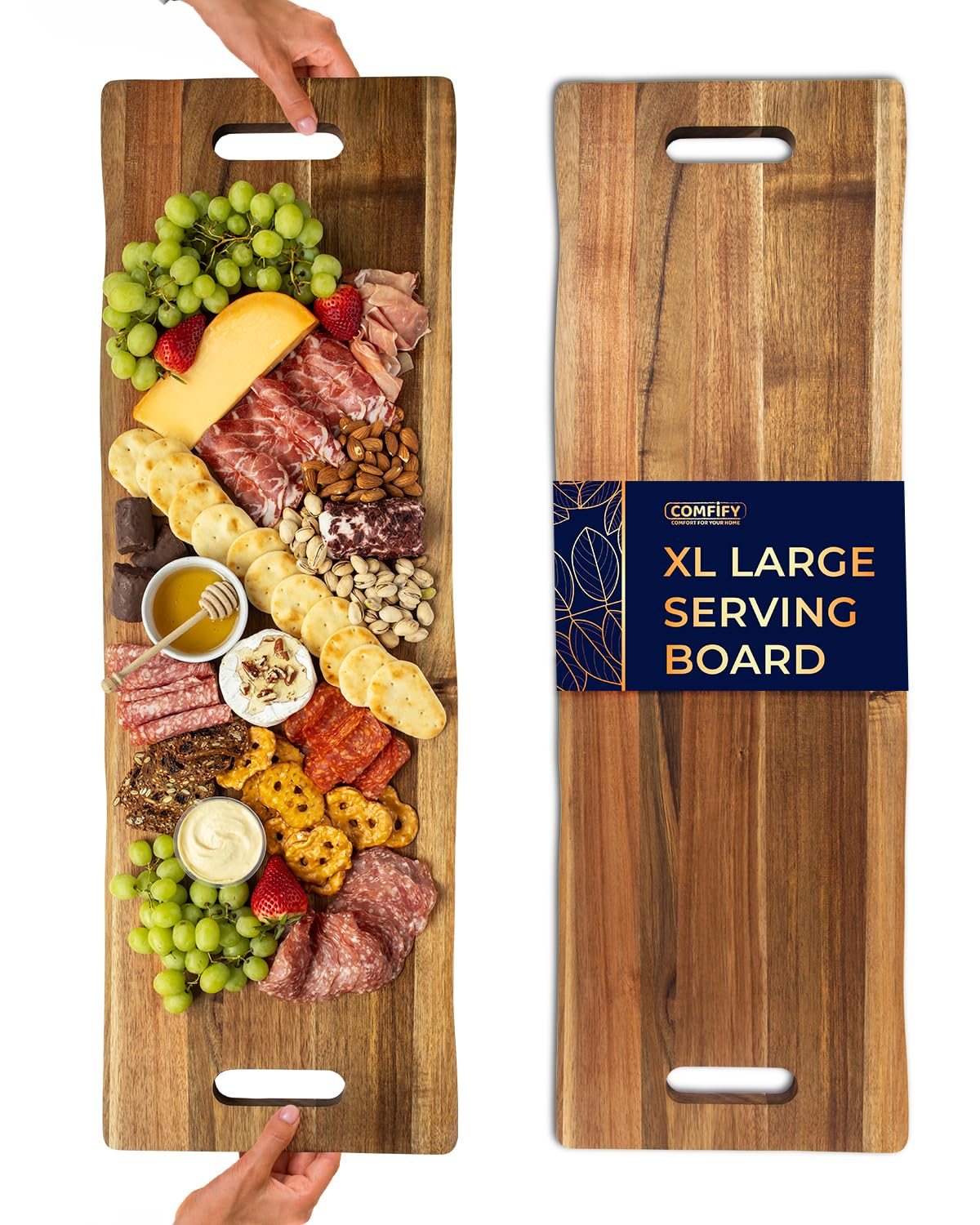 Extra Large (35") Acacia Wood Charcuterie Serving Board - Premium Wood Grain - Gourmet Meals, Cheese Platters, Appetizers, Dining Table, Kitchen, Patio, BBQ - Serve Chic, Feel Elegant with Comfify