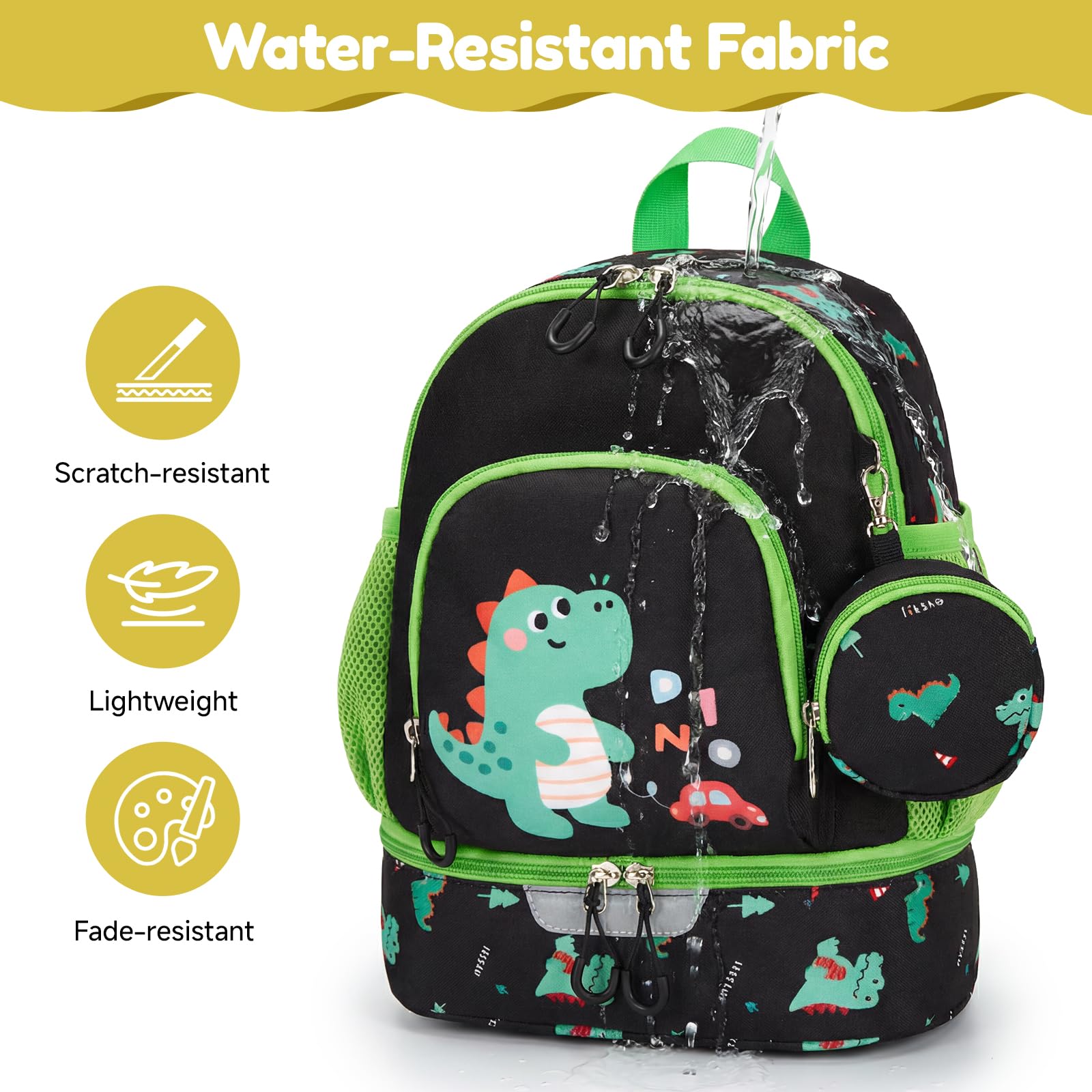 PROTAURI Sac à Dos Enfant Maternelle Garçons, Cartable Ecole Avec Porte-Monnaie, Sangle de Poitrine, Compartiment Isotherme pour Boîte à Déjeuner, 2-6 Ans(Dinosaure)