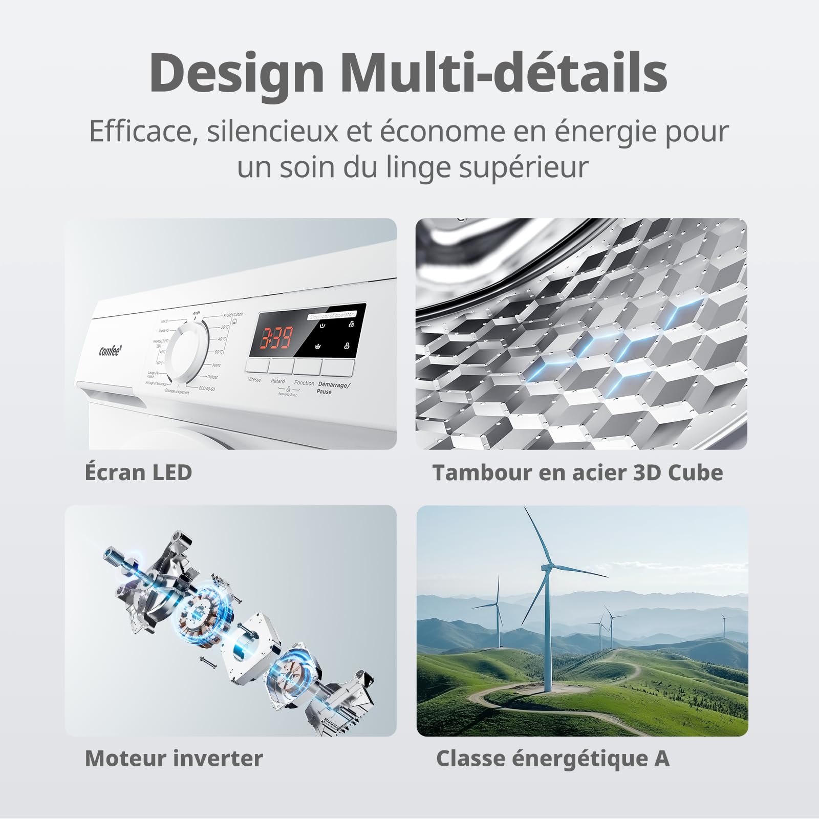 COMFEE' CFE12EW90/W Lave-linge frontal 9KG 1400 tr/min Moteur BLDC Classe A Blanc