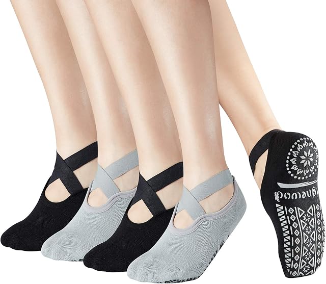 Yoga Pilate Socks Non Skid Exercise Socks with Gripper, Barre Anti Slip Socks with Strap Sticky for Women Ladies UK 2.5-8