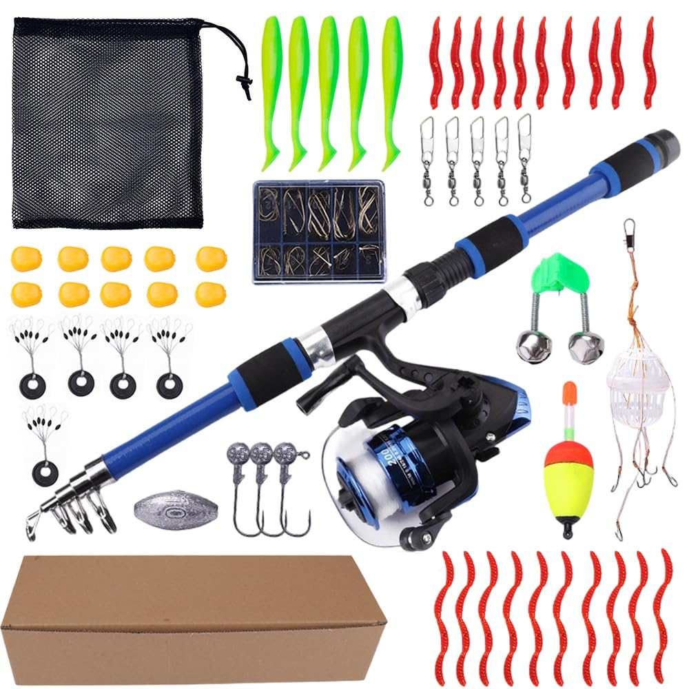 Jonuin Fishing Rod Starter Set, 43.5cm-180cm Telescopic Fishing Rod and Reel Combo Set for Beginners, Includes Line, Lures Kits & Accessories, Hooks and Carrier Bag for Saltwater, Freshwater