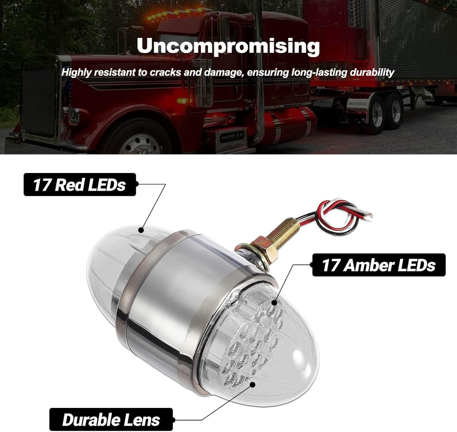 Watermelon Turn Signal Lights for Semi Truck Dual Revolution Red Amber DOT Approved 34 LEDs Clear Lens Chrome Auxiliary for Freightliner Peterbilt Kenworth Mack Western Star