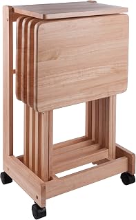 Winsome Brienda 5-Pc Solid Wood Snack Table Set with Mobile Flip-Top Serving Cart, Natural Finish, 32"H for Living Room & Patio