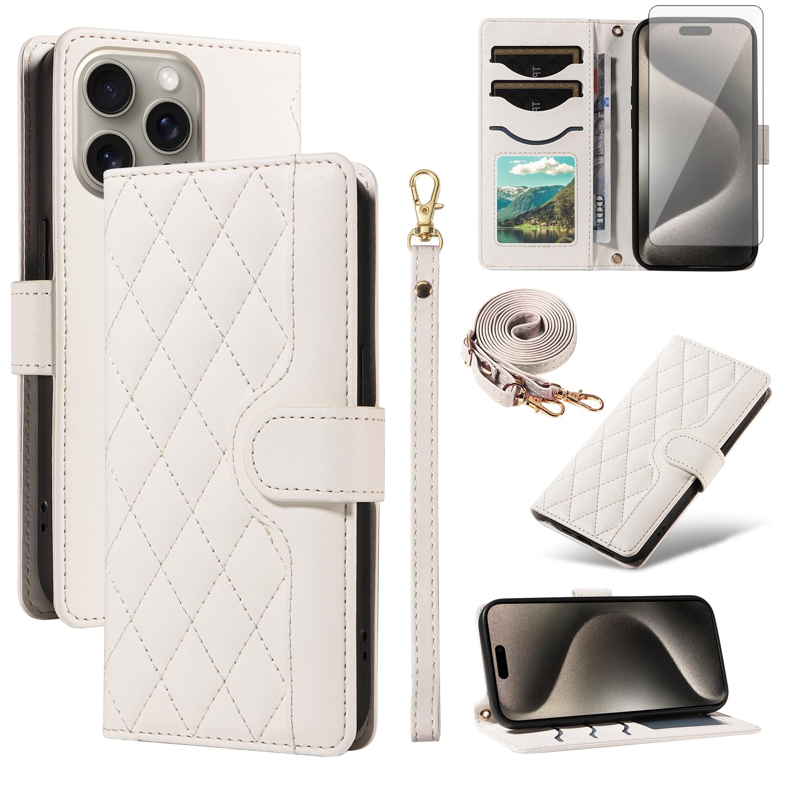 Asuwish Phone Case for iPhone 15 Pro Max 6.7 inch Wallet Cover with Screen Protector and Wrist Strap Lanyard Card Holder Slot Stand Flip Cell i