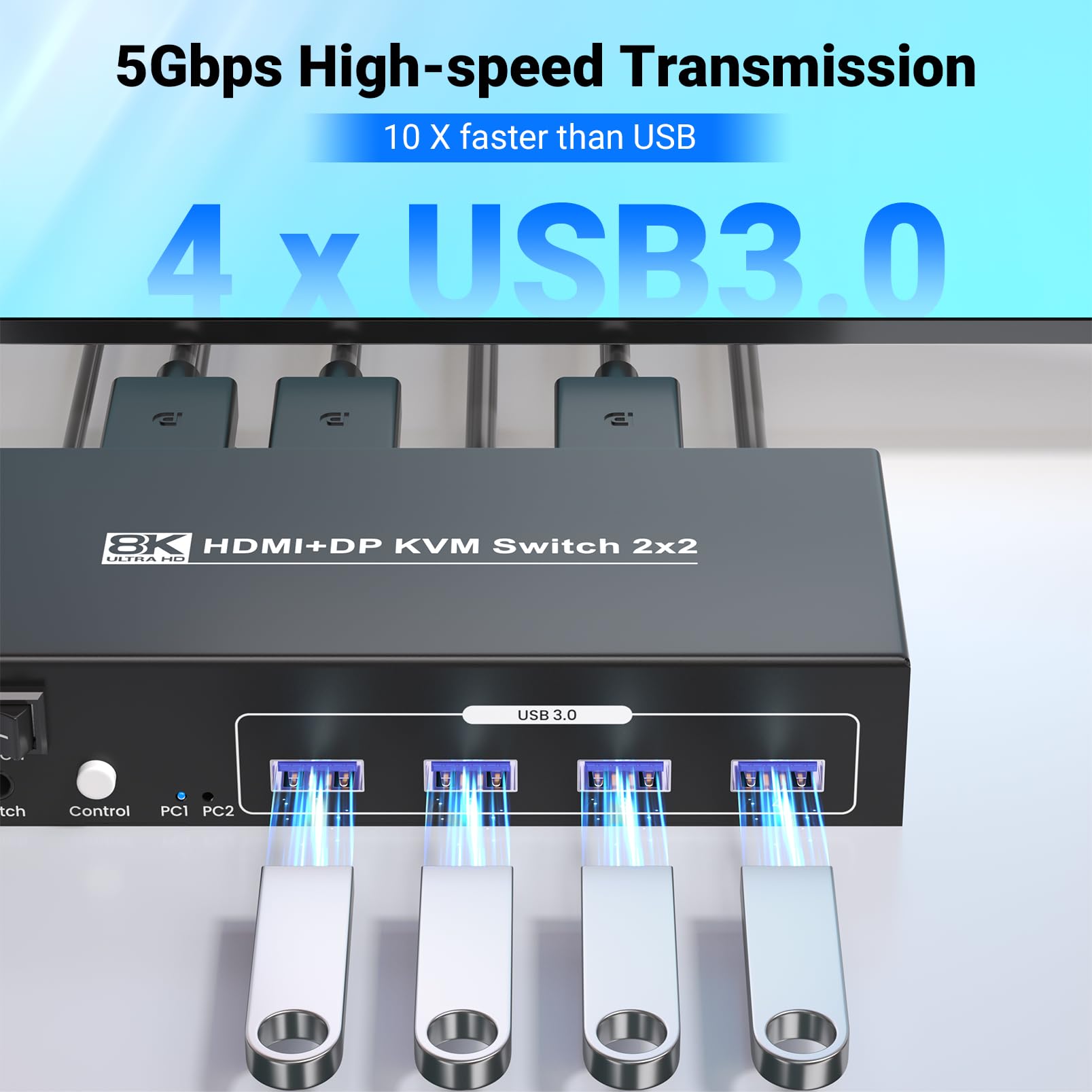 HDMI Displayport KVM Switch 2 PC 2 Monitore, 8K60Hz 4K120Hz USB 3.0 Dual Monitor HDMI DP KVM Switch für 2 PCs Verwaltung über 1 Satz Tastatur, Maus und 2 Monitore