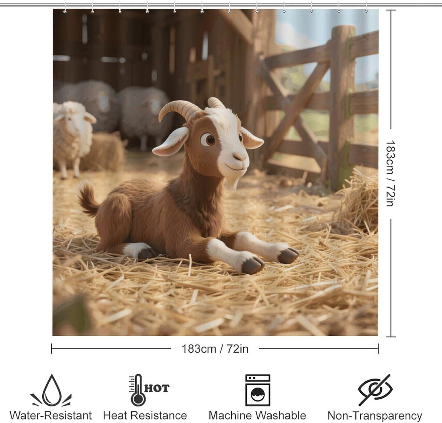 Farm Animal Cute Goat Shower Curtain Set 4 Piece, Non-Slip Bath Mat with Toilet Lid Cover and Waterproof Shower Curtain with 12 Hooks, Complete Bathroom Set for Home Decor