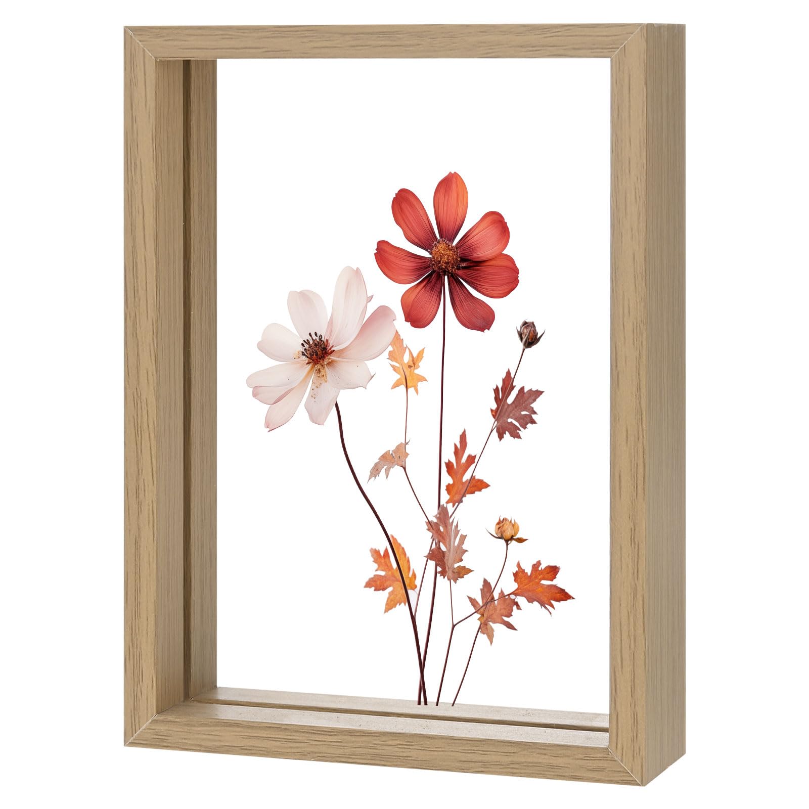 M METERXITY Wooden Pressed Flower Frame, 5 x 7 Inch Double Acrylic Floating Picture Frame for Dried Flowers/Tabletop/DIY/Handicrafts [Wood Color]