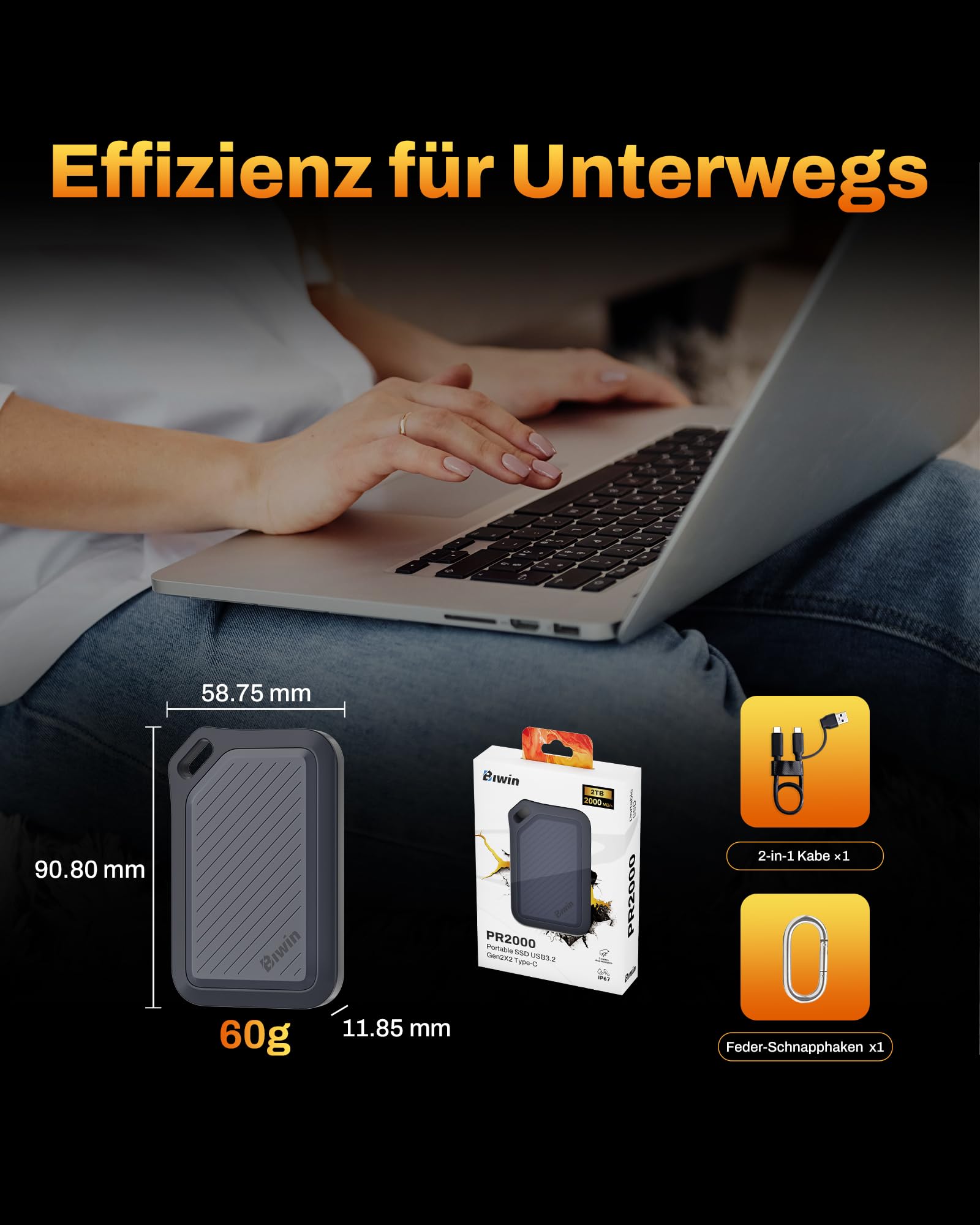 BIWIN Amber PR2000 Externe SSD 2TB USB 3.2 Gen2x2 - Bis zu 2000 MB/s IP67 wasserdicht - Portable NVMe External Solid State Drives mit USB-C & USB-A Adapter, Schwarz