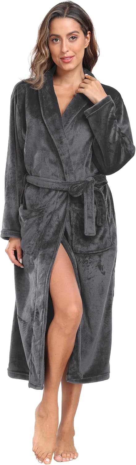 Womens Plush Soft Robe Warm Fleece Shawl Collar Bathrobe Fluffy Long Spa Robes with Pockets - Image 2