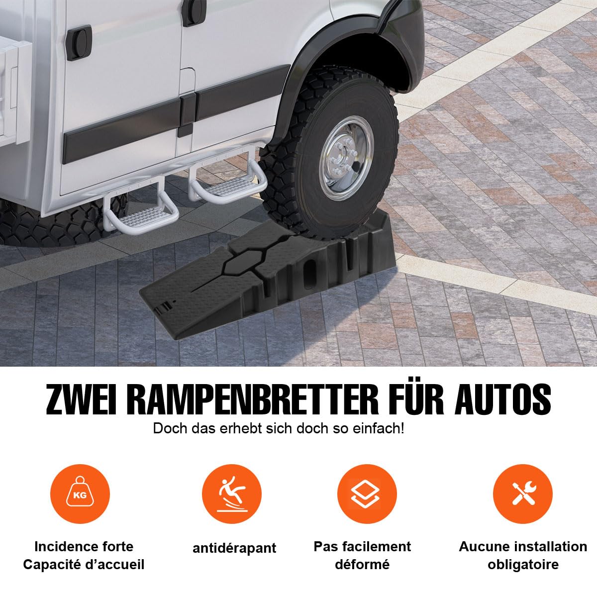 2 Stücke Kunststoff Auffahrrampe bis 3 Tonnen | Hebebühne Schwerlast Rampe PKW KFZ Auto Laderampe | rutschfeste Hebeplattform Auffahrschiene Verladerampe | Auffahrkeile Bordsteinrampe