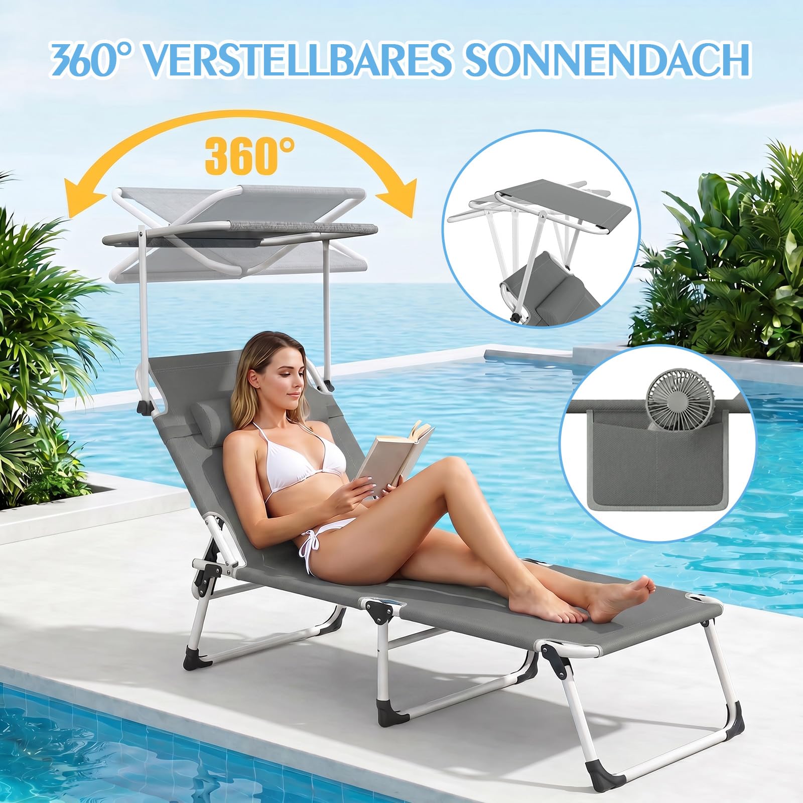 Ferghana Sonnenliege,Liegestuhl Klappbar mit Dach, 194x67.5x29cm,Anthrazit | Gartenliege mit Verstellbare Rückenlehne,Kopfkissen,Seitentasche，Tragegriff,bis 180 Kg Belastbar,Strandliege für Garten,Pool
