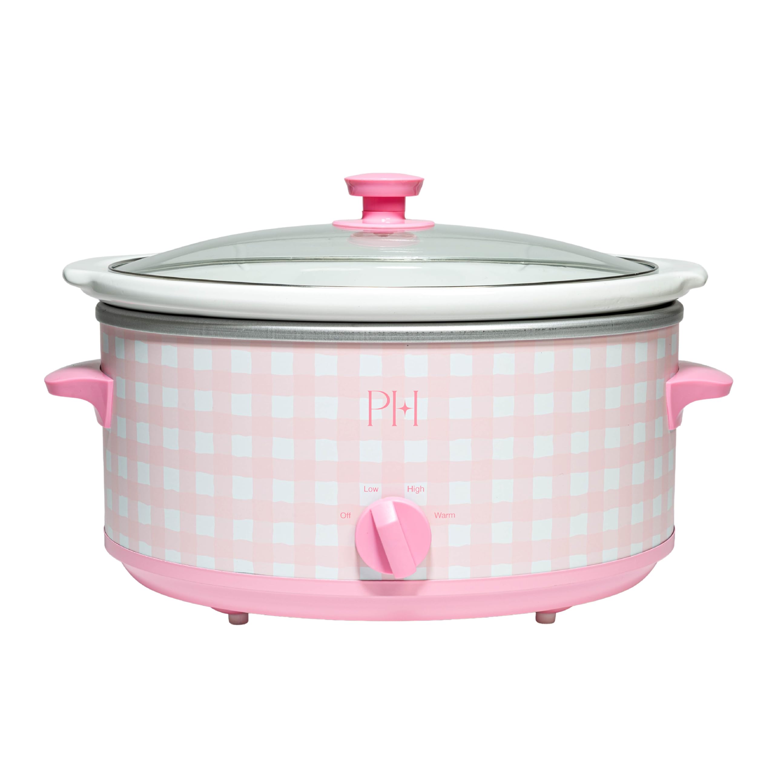 Paris Hilton 6-Quart Manual Slow Cooker, Features Three Settings (Low, High, Warm), Naturally Nonstick and Dishwasher Safe Stoneware Insert, Family Sized Capacity, Gingham Pink
