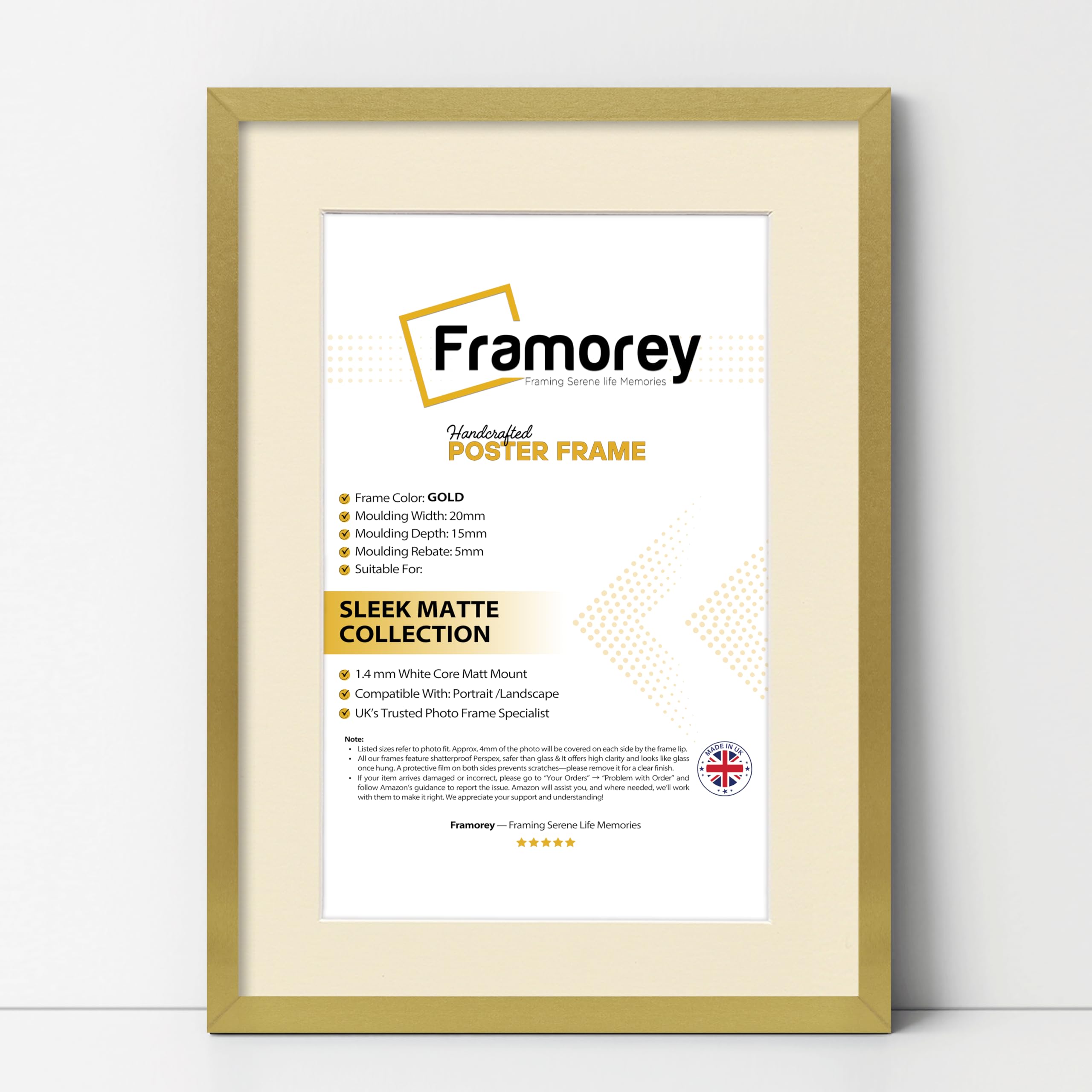 FRAMOREY Thin Matt Gold Photo Frame 20x16" Size Picture Frames With 16x12" Size Ivory Mount, Flat Wooden Effect Photo Frame, Home Décor Frame, Wall Art Poster Frame