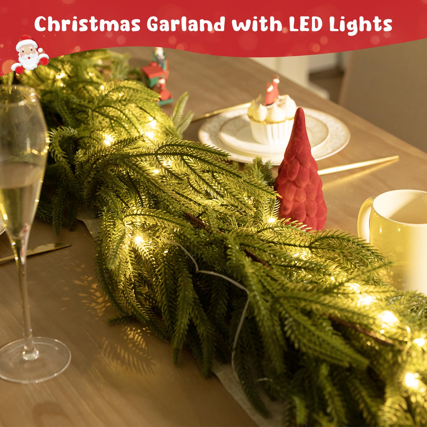 Yamaziot 1 guirlande de Noël avec lumières, guirlande de verdure artificielle de 2,7 m, guirlande de Noël éclairée de vigne de pin vert pour les vacances, décoration intérieure et extérieure