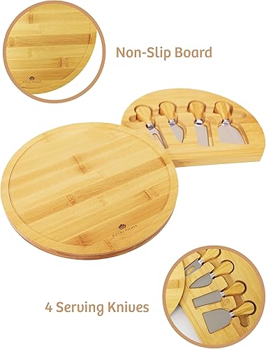 Miniatura 6 de RoyalHouse Tabla redonda de bambú para quesos y 4 cuchillos con cajón deslizante para cubiertos, juego de tablas de embutidos y plato de queso,