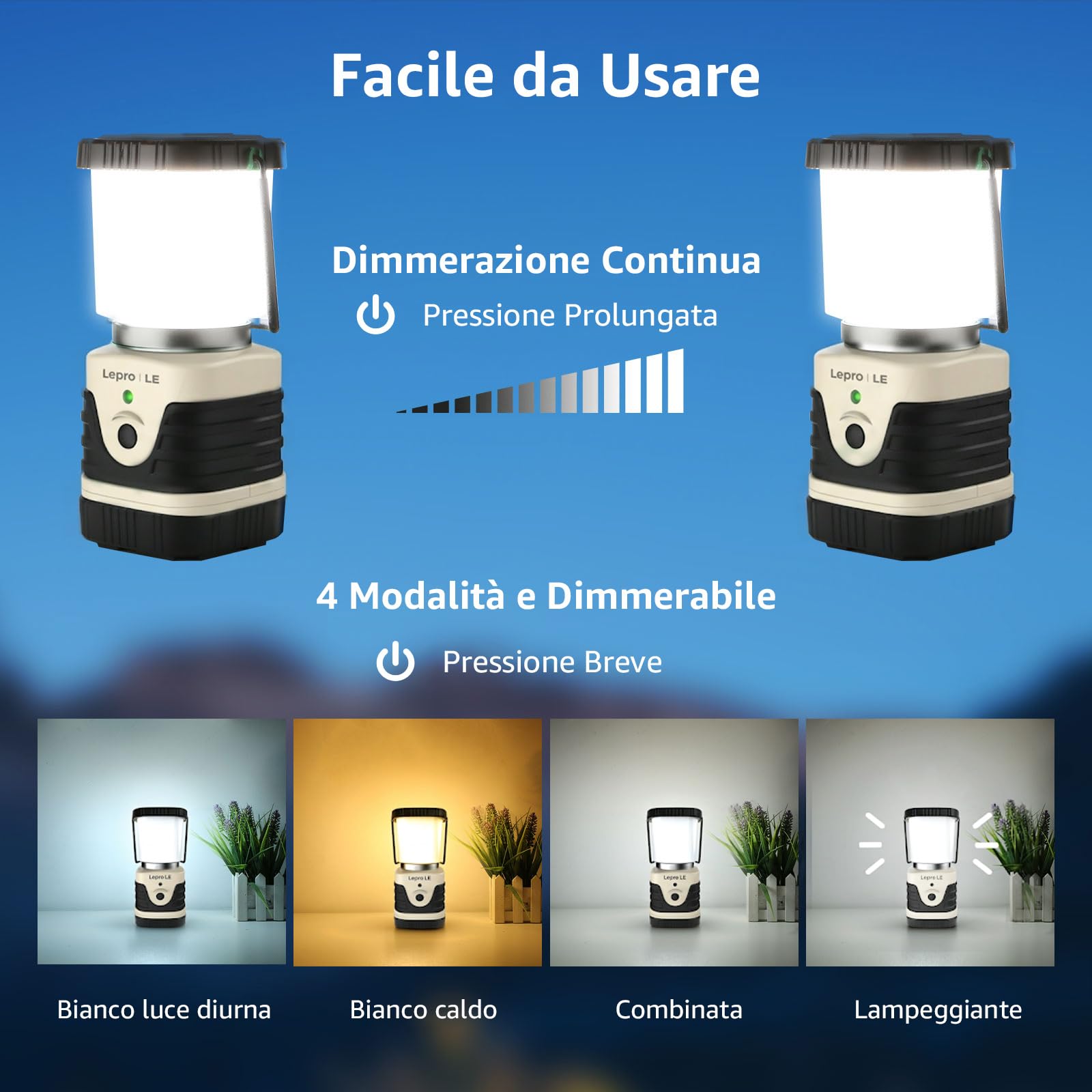 Lepro Lampada da Campeggio LED USB Ricaricabile 2 Pezzi IPX4 | Due lampade ricaricabili USB con 4 modalità dimmerabili, ideali per tende, trekking e emergenze