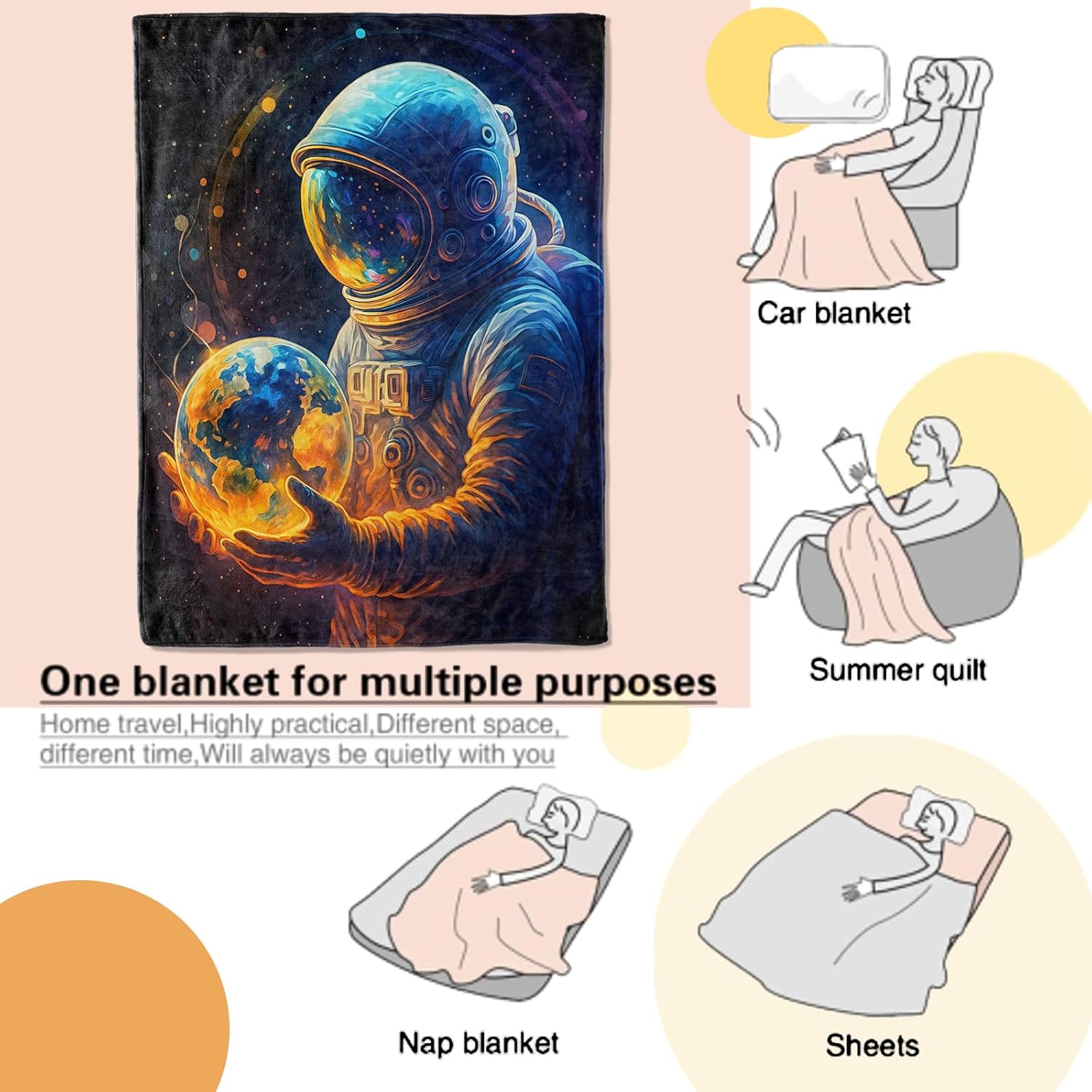 Astronaut Earth Blanket Cosmic Style Throw Blankets with Glowing Planet in Space Art Design Lightweight Flannel Throws for Camping Couch Chair Bed Home Decor Gifts for Adults,60x50inch - Image 3