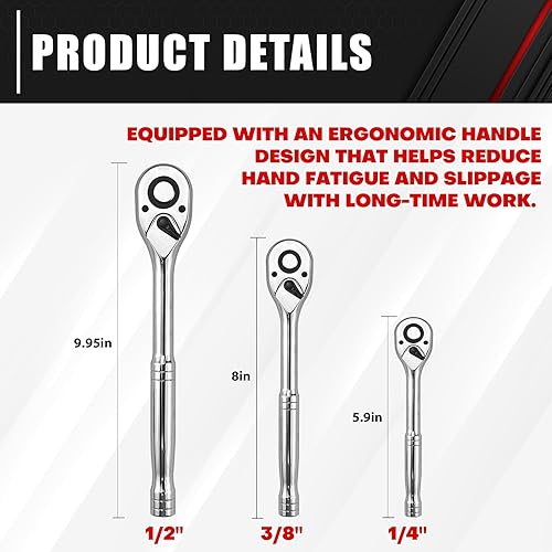Miniatura 6 de C&T Juego de llaves de trinquete de liberación rápida de 3 piezas, juego de trinquete de accionamiento, 14", 38", 12" 72-diente, acero de aleación,
