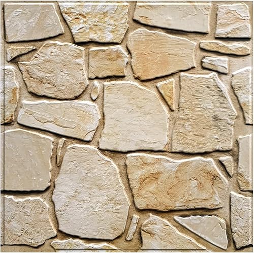 Commomy 10 hojas de paneles de pared 3D Fieldstone para despegar y pegar, azulejos marrón claro de 11.8 x 11.8 pulgadas, acabado mate, decoración