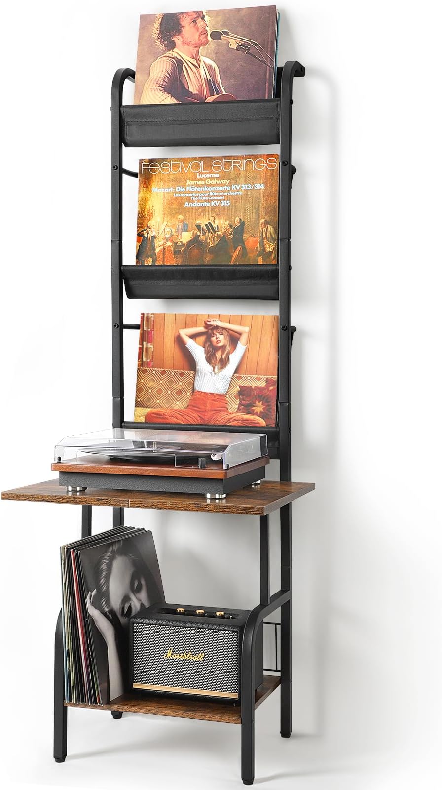 Tewinko Record Player Stand with Vinyl Storage, Record Player Table with Vinyl Record Storage up to 200 Albums, Turntable Stand with Record Holder Display Shelf, Record Player Cabinet Organizer Rack