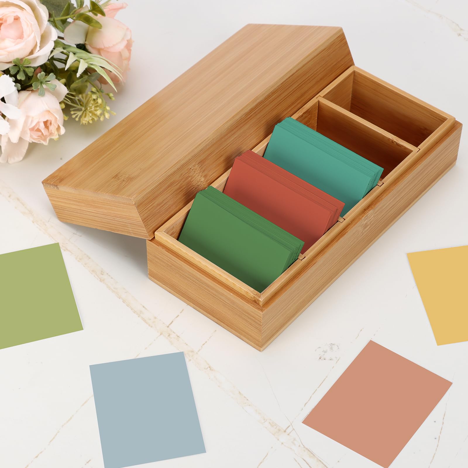 Boîte à fiches d'apprentissage en bois A8 - 21,7 x 9,5 x 7 cm - Avec couvercle - Boîte de vocabulaire - Boîte de rangement en bois - Pour bureau, écoles - Couleur bois