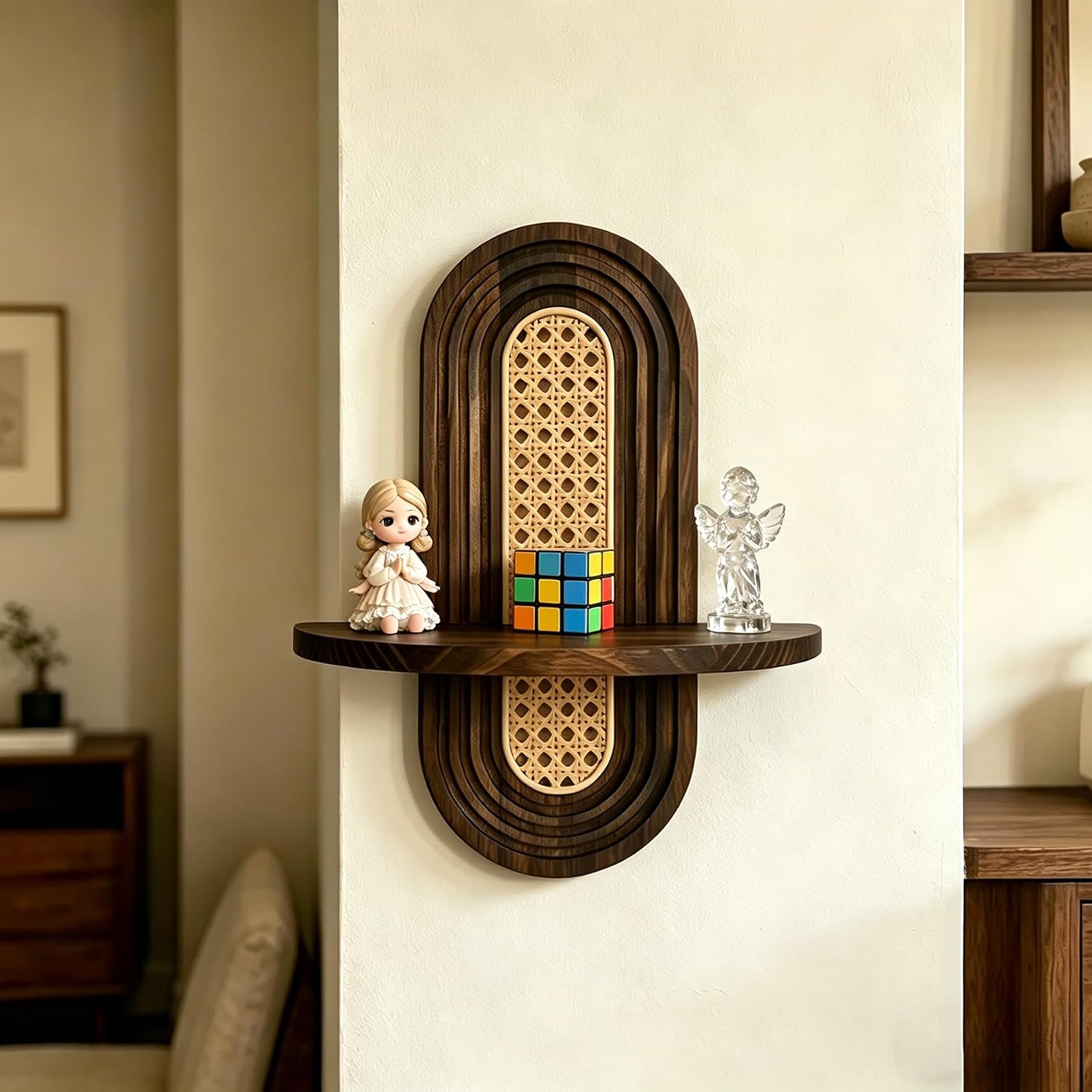 2 pcs Arched Plant Wall Shelf, Tier Wooden Hanging Plant Shelf with Boho Wall Decor Style, Mid Century Modern Floating Shelves for Living Room Bedroom Bathroom Office