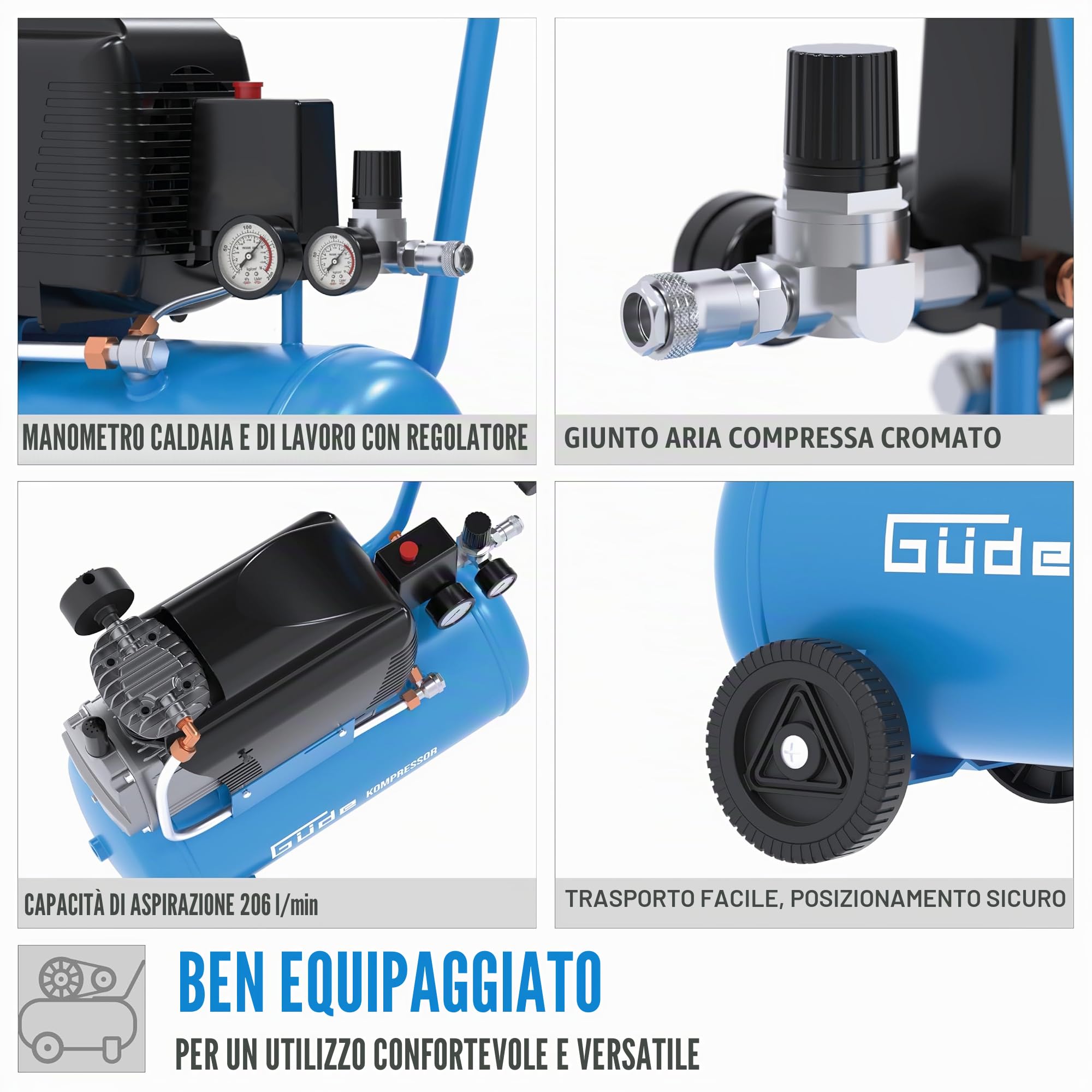 Güde Compressore 231/10/24 (lubrificato ad olio, max. 10 bar, 1500 W, caldaia 24 l, potenza di aspirazione 206 l/min, riduttore di pressione, 2 manometri, valvola di sicurezza, vite di scarico della