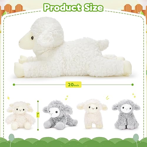 Miniatura 2 de Tezituor Juego de 5 Animales de Peluche de Cordero, Peluche Grande de Oveja Mamá de 20 Pulgadas con 4 Lindos Bebés Cordero, Almohada de Felpa de