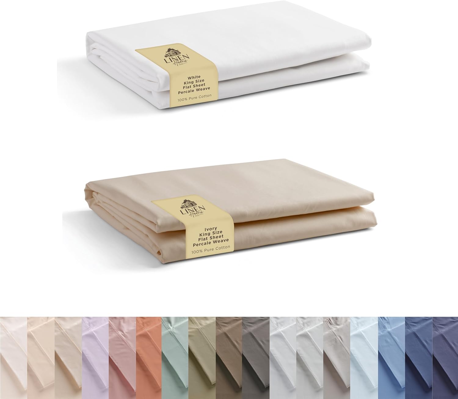 100% Cotton Combo Percale Flat Sheets King Size, White & Ivory, 2 Flat Sheet- Crisp, Cool and Strong Bed Linen, Luxury Breathable Sheet