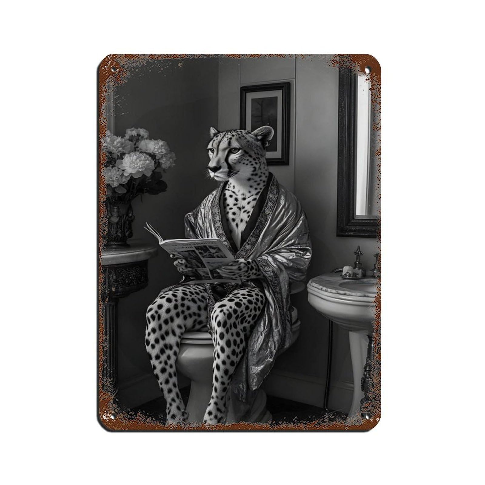 Lxwnze 30L X 40W Cm Cheetah Reading Book, Unique Animal Retro Poster Metal Tin Sign Chic Art Retro Iron Painting Bar People Cave Cafe Family Garage Poster Wall Decoration 12X16inch(30X40cm)