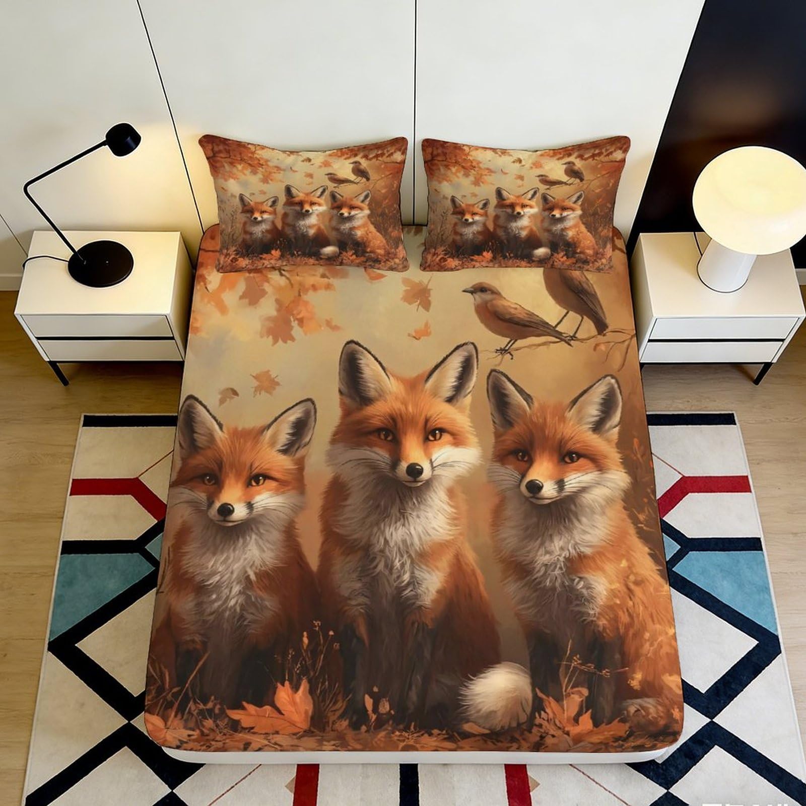 3D Printed Autumn Fox Fitted Sheet Microfiber Soft Bed Cover Forest Animal Mattress Decor for Bedroom Guestroom 90x200x25cm